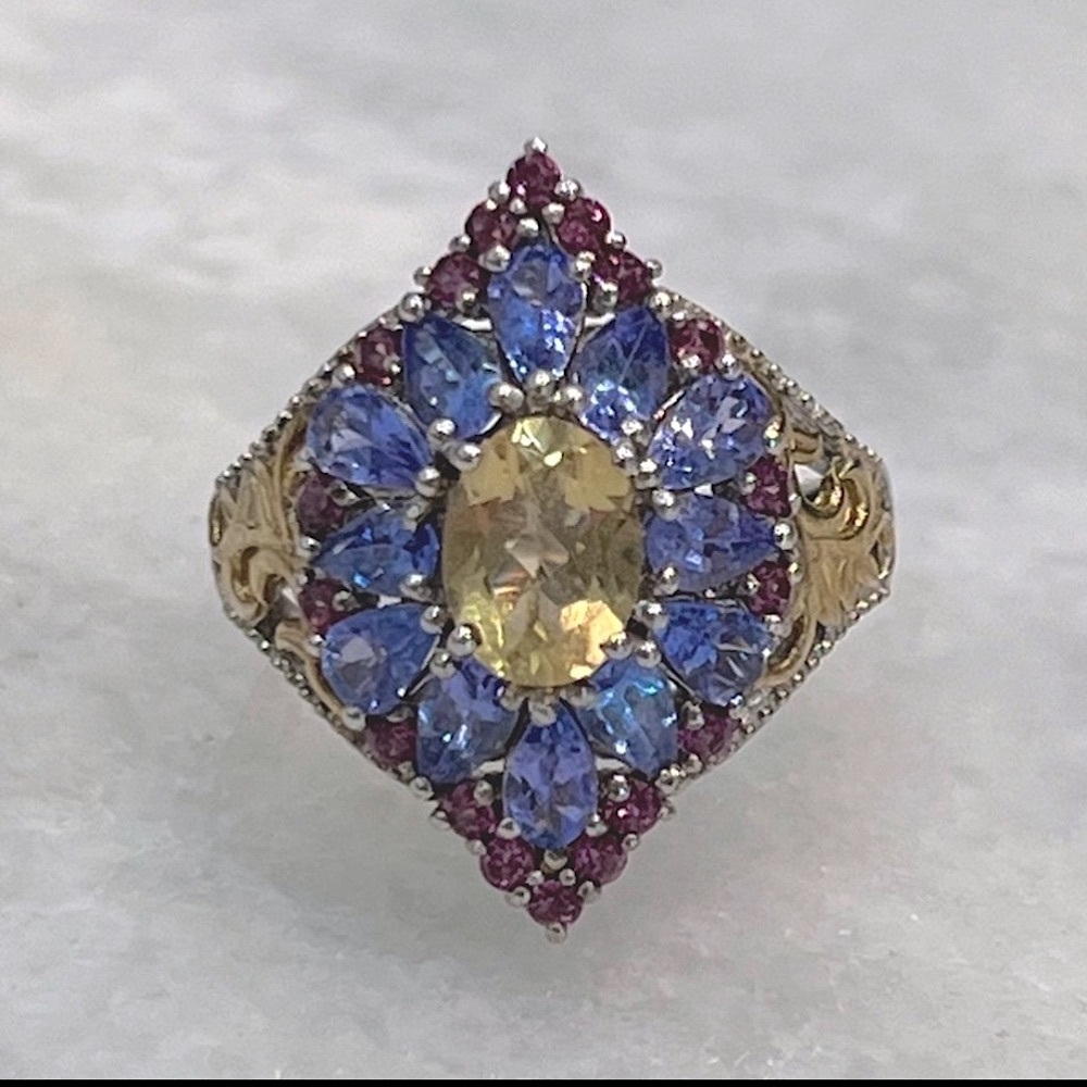 Marialite Multigemstone 14K YG Sterling Silver Statement Ring Sz 8